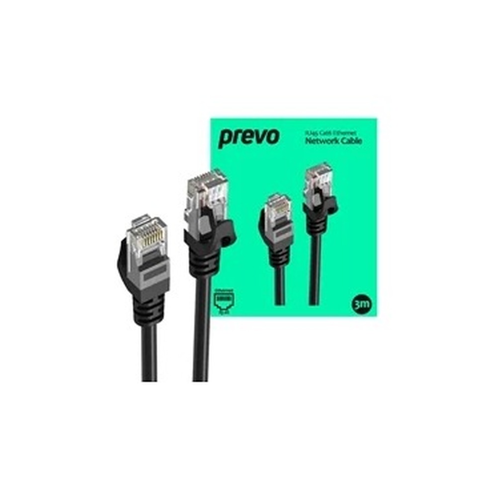 Prevo CAT6-BLK-3M Network Cable, RJ45 (M) to RJ45 (M), CAT6, 3m, Black, Oxygen Free Copper Core, Sturdy PVC Outer Sleeve & Clip Protector, Retail Box Packaging