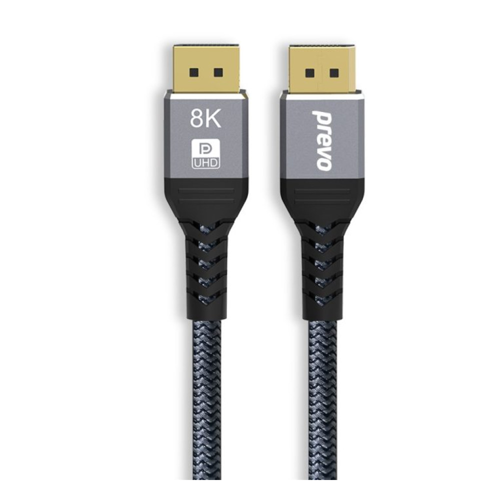 Prevo DP14-2M DisplayPort Cable, DisplayPort 1.4 (M) to DisplayPort 1.4 (M), 2m, Black & Grey, Supports Displays up to 8K@60Hz, Robust Braided Cable, Gold-Plated Connectors, Superior Design & Performance, Retail Box Packaging