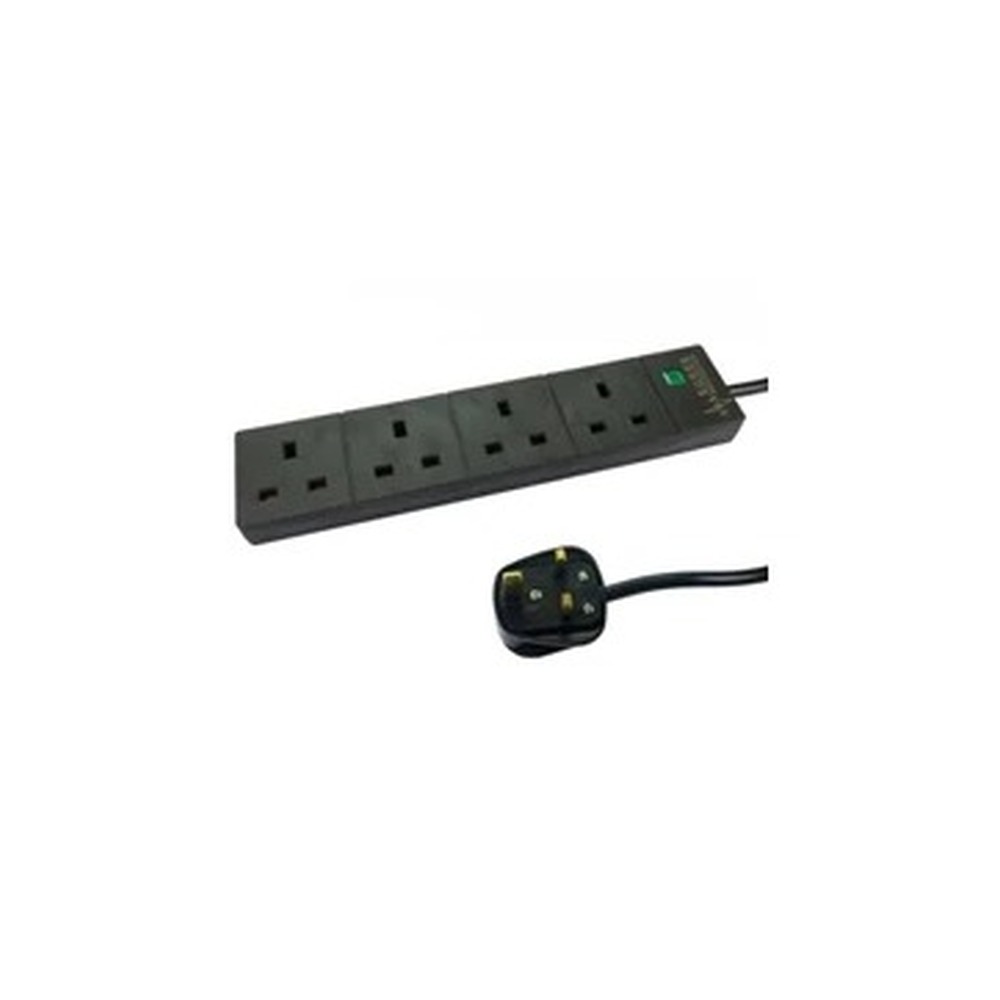 2m 4 Gang Surge Protected LED Indicator UK Mains Extension - Black