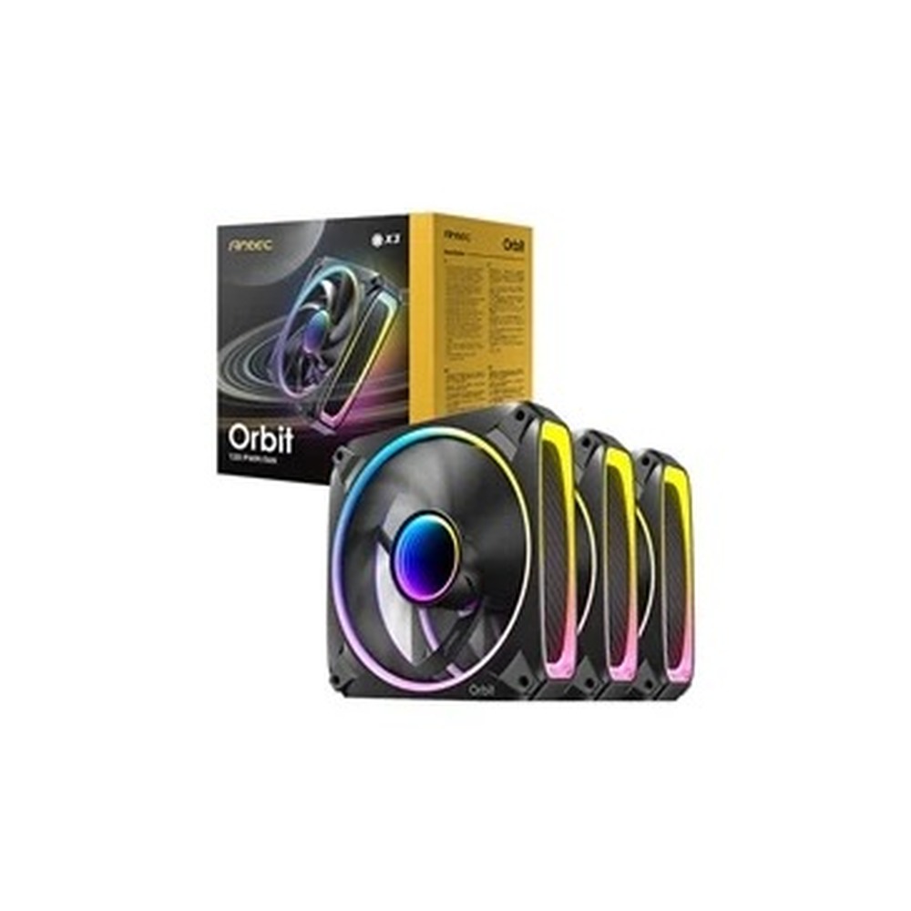Antec Orbit 120 ARGB 120 mm PWM Fan Triple Pack  - 120 mm x 28 mm, Fluid Dynamic Bearing, 200-2000 RPM, 66.72 CFM, aRGB Lighting, Anti-Vibration Pads