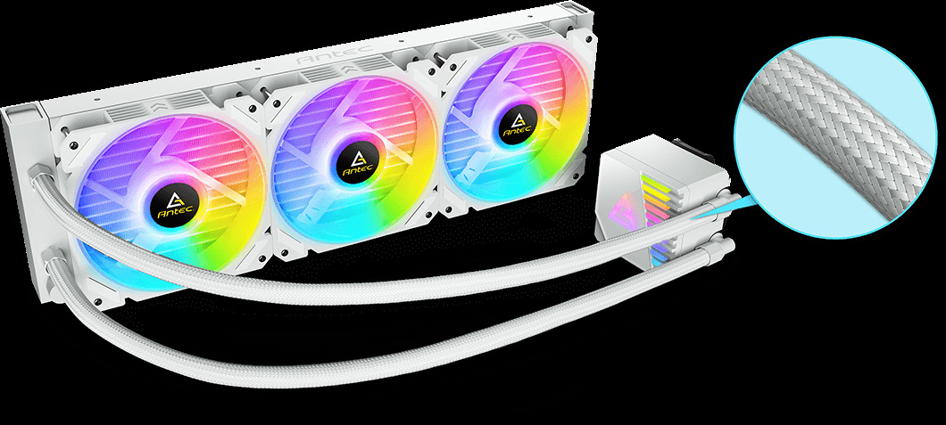ANTEC Symphony 360 AiO Liquid CPU Cooler, Universal Socket, White, 360mm Radiator, PWM 1600RPM Cooling Fans, Addressable RGB LED Lighting with Chromatic ARGB Lighting Pump Head
