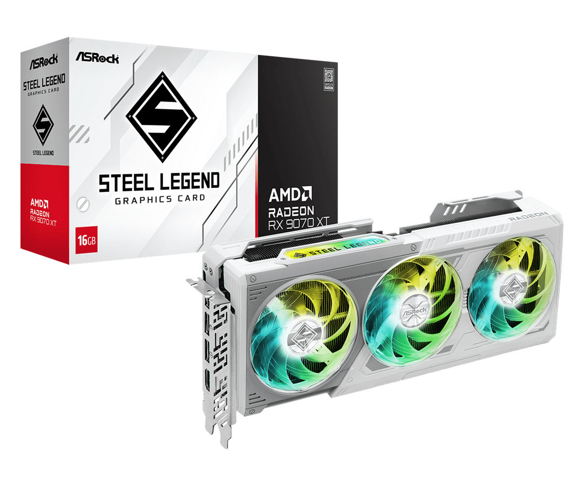 ASRock AMD Radeon RX 9070 XT Steel Legend 16GB GDDR6 Graphics Card, 4096 Streams, 2970MHz Boost Clock, Triple Fan, 3x DisplayPorts / 1x HDMI Port