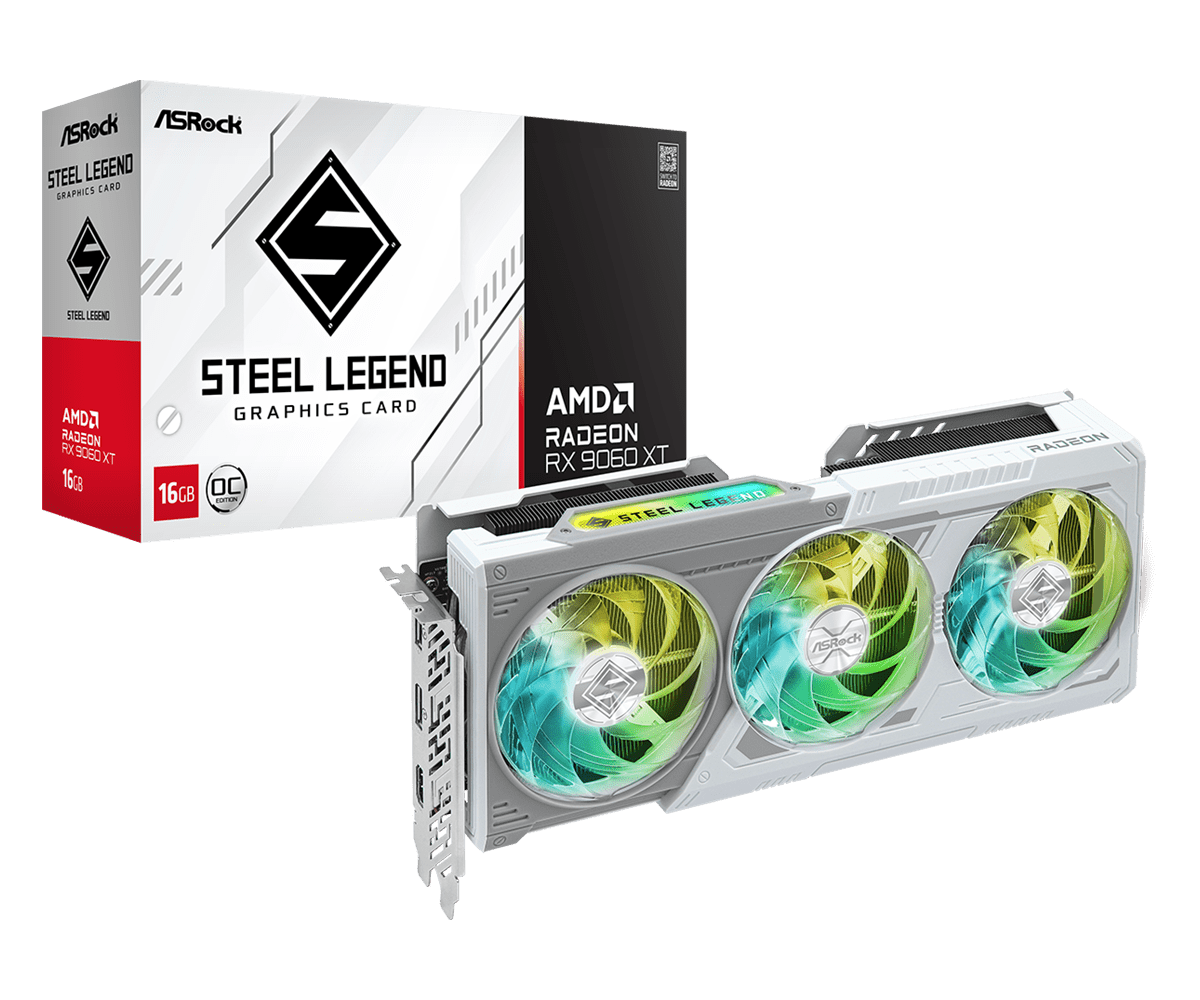 ASRock AMD Radeon RX 9060 XT Steel Legend OC 16GB GDDR6 Graphics Card, 2048 Streams, 3320MHz Boost Clock, Triple Fan, 2x DisplayPorts / 1x HDMI Port