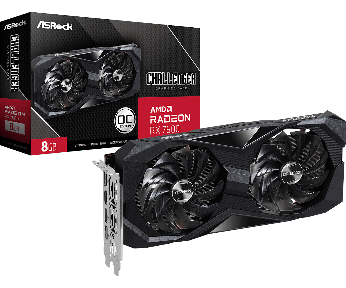 ASRock AMD Radeon RX 7600 Challenger 8GB OC Graphics Card, 8GB GDDR6, 2048 Streams, 2695 MHz Boost Clock, Dual Fan, 3x DisplayPorts / 1x HDMI Port