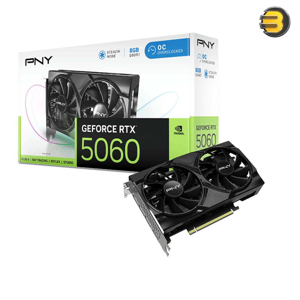 PNY NVIDIA GeForce RTX 5060 8GB GDDR7 Graphics Card, 3840 CUDA Cores, 2280 MHz Core Clock, Dual Fan, 3x DisplayPorts / 1x HDMI Port