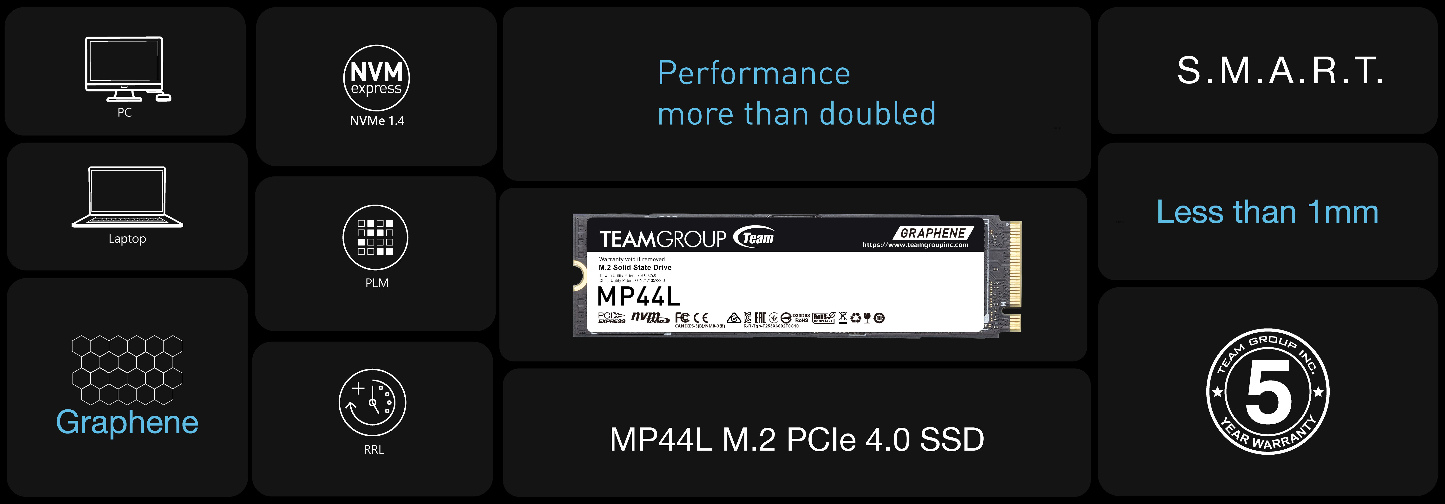 Team MP44L (TM8FPK500G0C101) 500GB NVMe SSD, PCIe Gen4, M.2 Interface, 2280, Read 5000 MB/s, Write 3700 MB/s, 5 Year Warranty