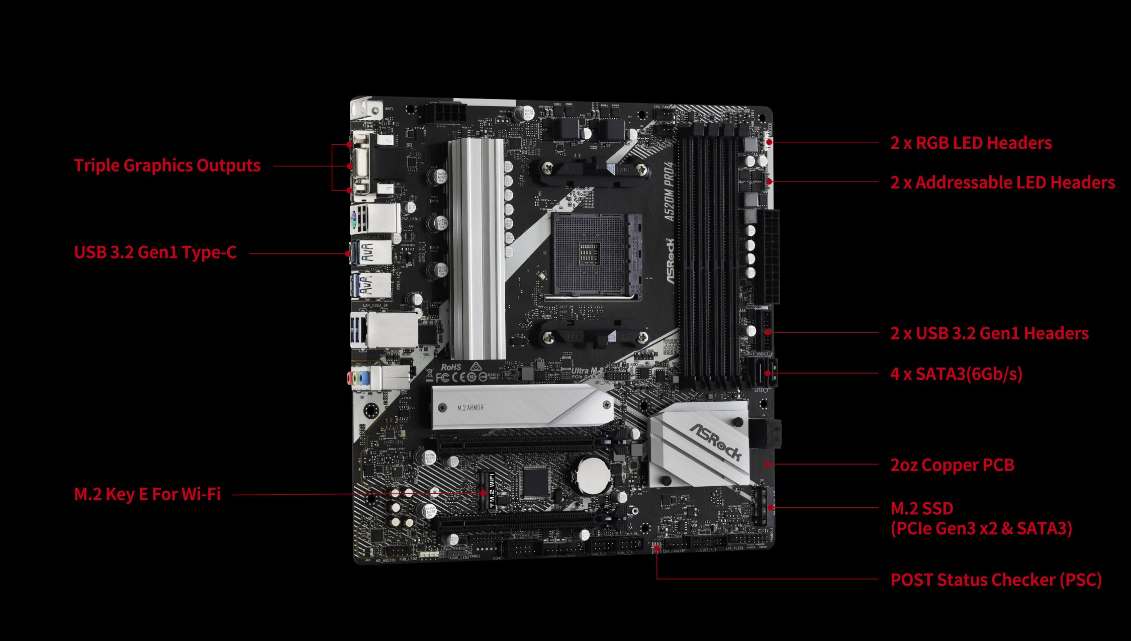 ASRock A520M PRO4 Super Alloy AMD AM4 Socket Motherboard, Micro-ATX, 4x DDR4 Slots, 1x M.2 Socket, GbE LAN, 1x D-Sub / 1x DisplayPort / 1x HDMI Port