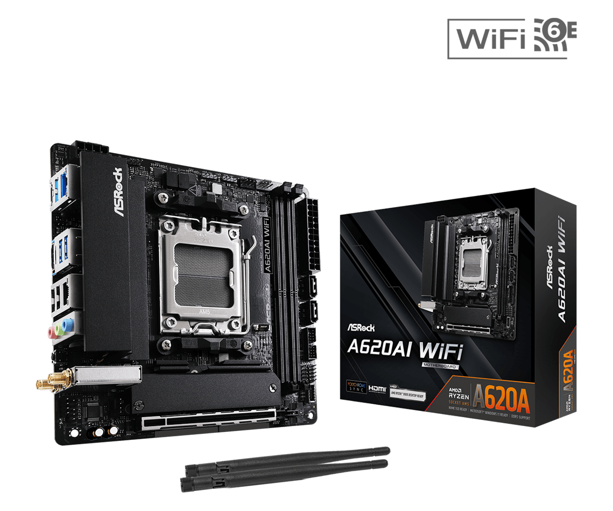 ASRock A620AI WIFI AMD AM5 Socket Motherboard, Mini-ITX, 2x DDR5 Slots, 2x M.2 Socket, 2.5GbE LAN, Wi-Fi 6E, 1x HDMI Port