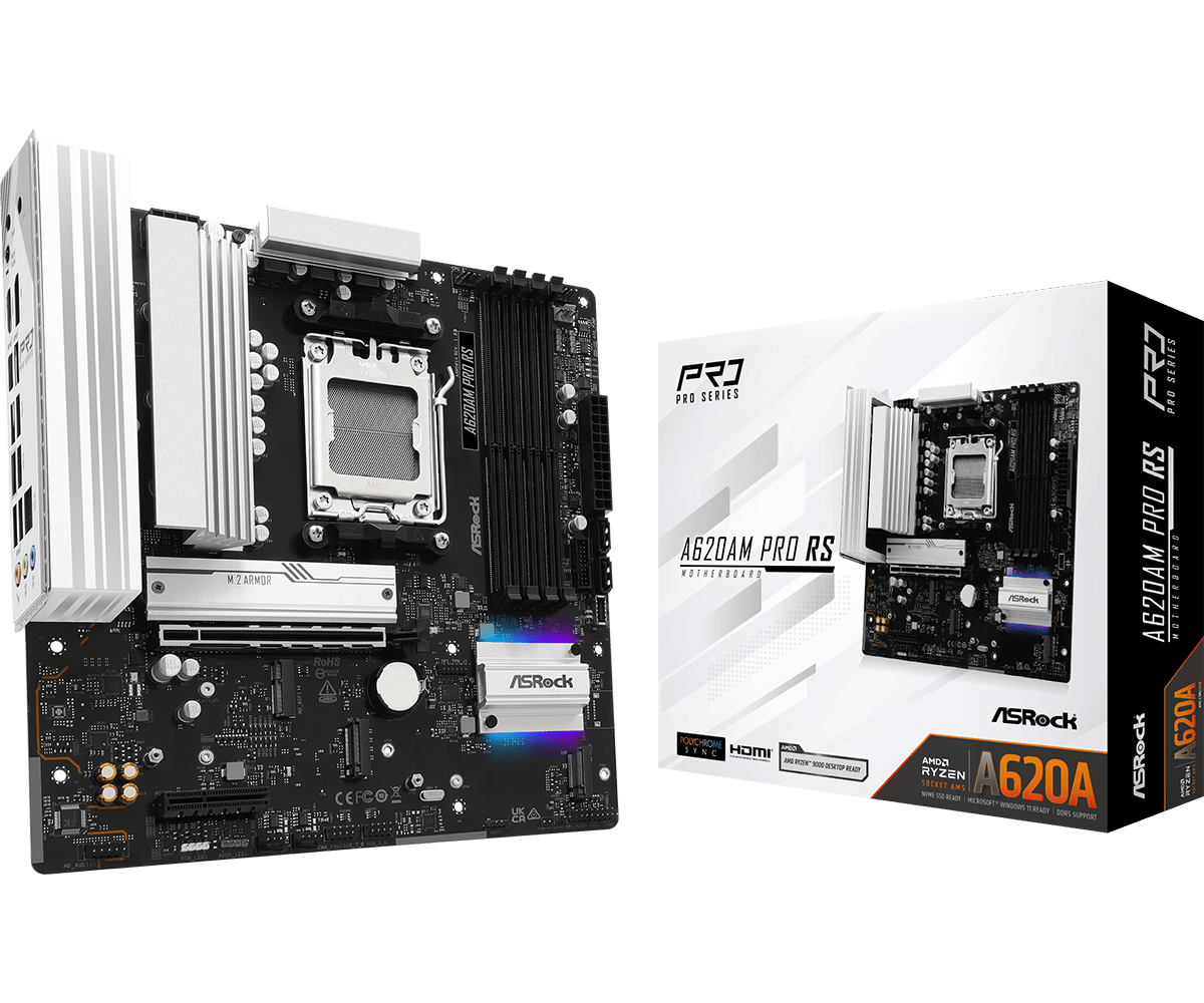 ASRock A620AM PRO RS AMD Socket AM5 Motherboard, 4x DDR5 Slots, 3x M.2 Socket, 2.5GbE LAN, 1x HDMI Port/ 1x DisplayPort