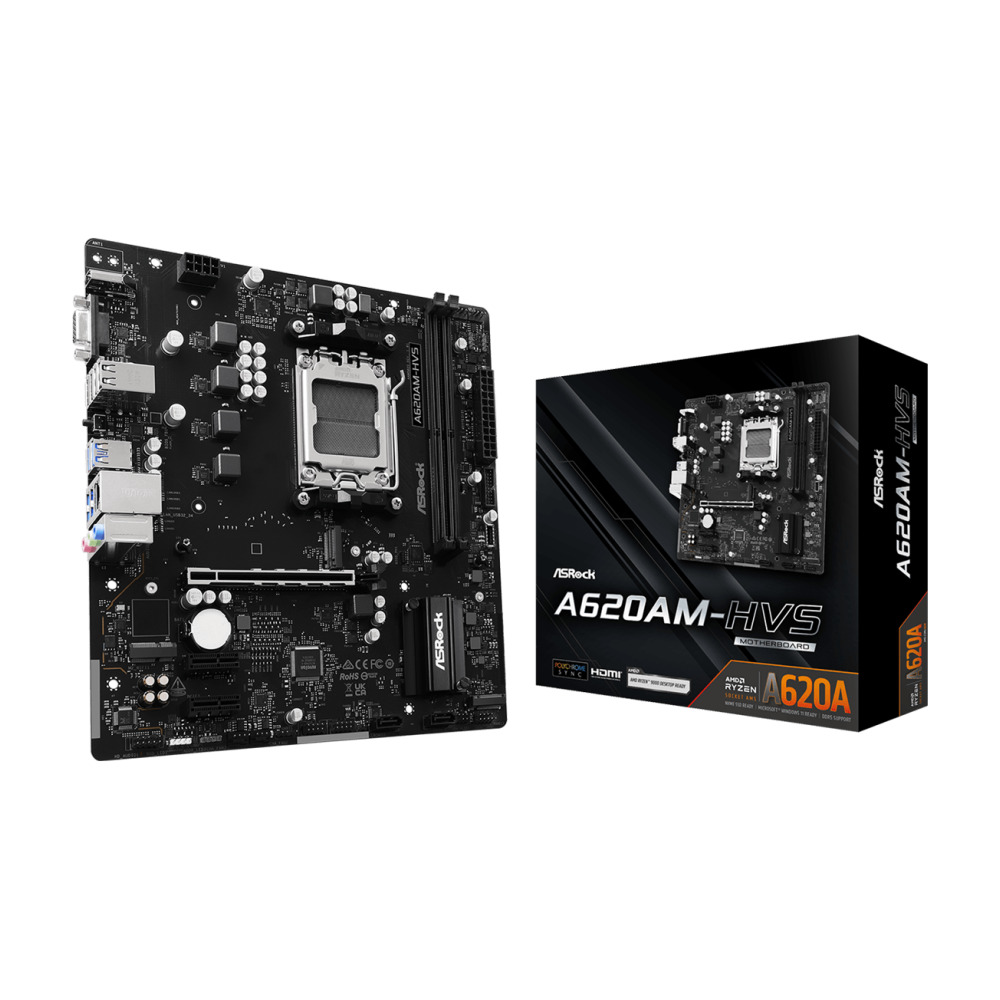 ASRock A620AM-HVS AMD AM5 Socket Motherboard, Micro-ATX, 2x DDR5 Slots, 2x M.2 Socket, GbE LAN, 1x D-Sub / 1x HDMI Port