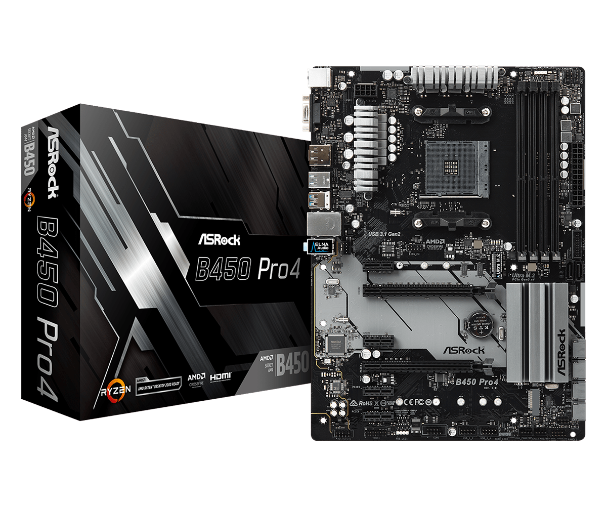 ASRock B450 Pro4 R2.0 Super Alloy AMD AM4 Socket Motherboard, ATX, 4x DDR4 Slots, 2x M.2 Sockets, GbE LAN, 1x D-Sub / 1x DisplayPort / 1x HDMI Port