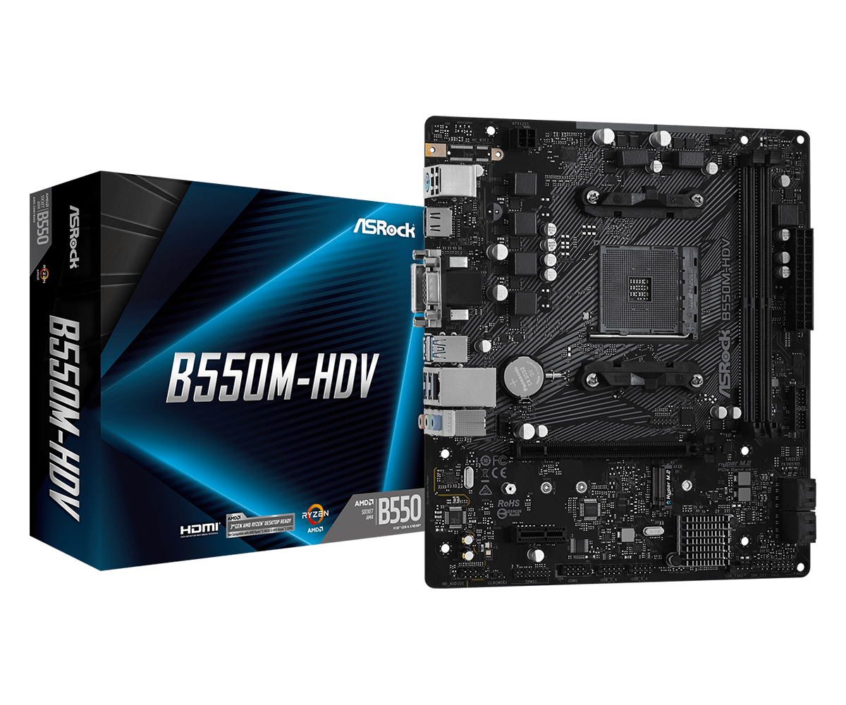 ASRock B550M-HDV AMD AM4 Socket Motherboard, Micro-ATX, 2x DDR4 Slots, 1x M.2 Socket, GbE LAN, 1x D-Sub / 1x DVI-D / 1x HDMI Port