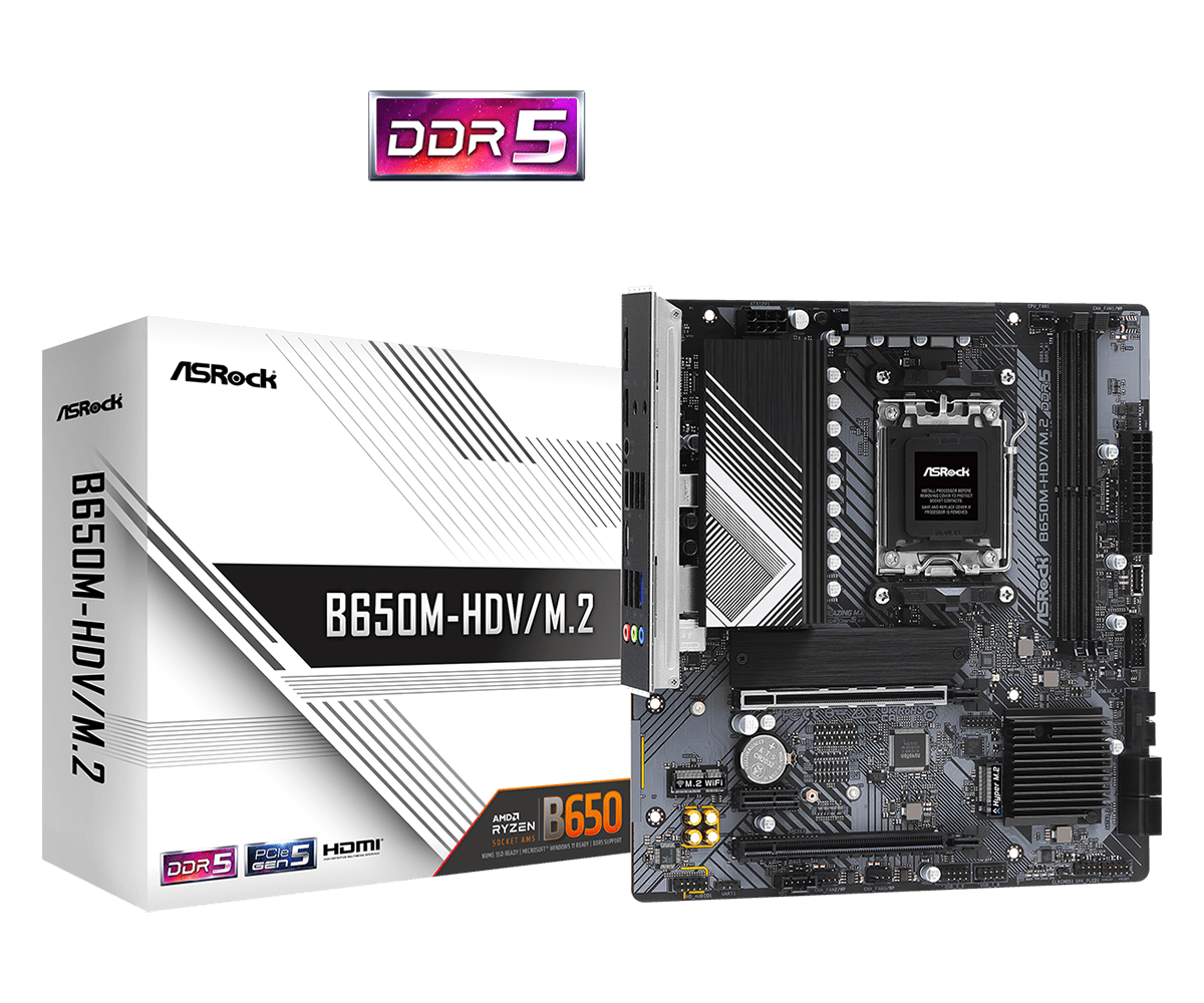 ASRock B650M-HDV/M.2 AMD AM5 Socket Motherboard, Micro-ATX, 2x DDR5 Slots, 2x M.2 Sockets, Fitted I/O Shield, 2.5GbE LAN, 1x DisplayPort / 1x HDMI Port