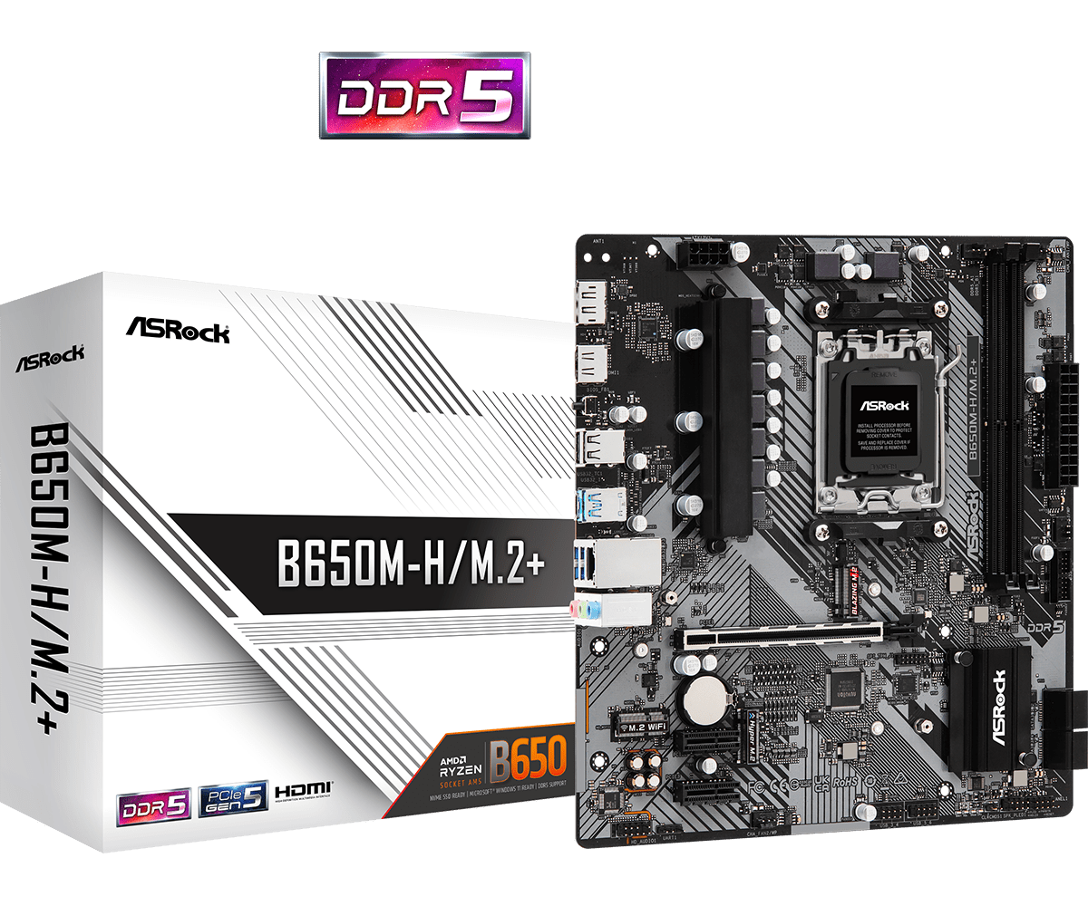 ASRock B650M-H/M.2+ AMD AM5 Socket Motherboard, Micro-ATX, 2x DDR5 Slots, 2x M.2 Socket, GbE LAN, 1x DsiplayPort / 1x HDMI Port