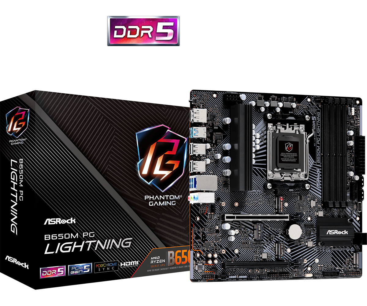 ASRock B650M PG Lightning AMD AM5 Socket Motherboard, Micro-ATX, 4x DDR5 Slots, 3x M.2 Sockets, 1x USB-C Port, 2.5GbE LAN, 1x DisplayPort / 1x HDMI Port