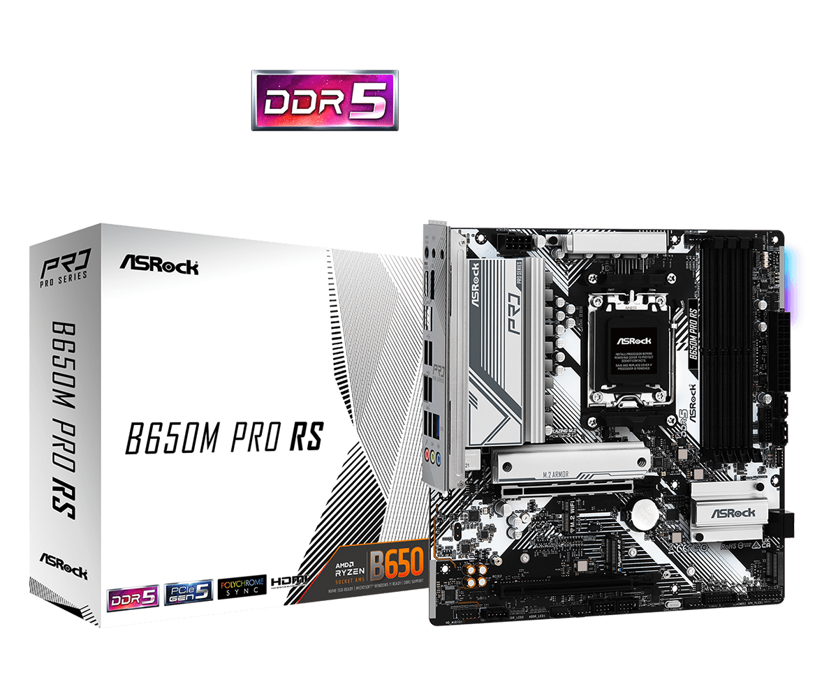 ASRock B650M Pro RS AMD AM5 Socket Motherboard, Micro-ATX, 4x DDR5 Slots, 3x M.2 Sockets, Fitted I/O Shield, 2.5GbE LAN, 1x DisplayPort / 1x HDMI Port