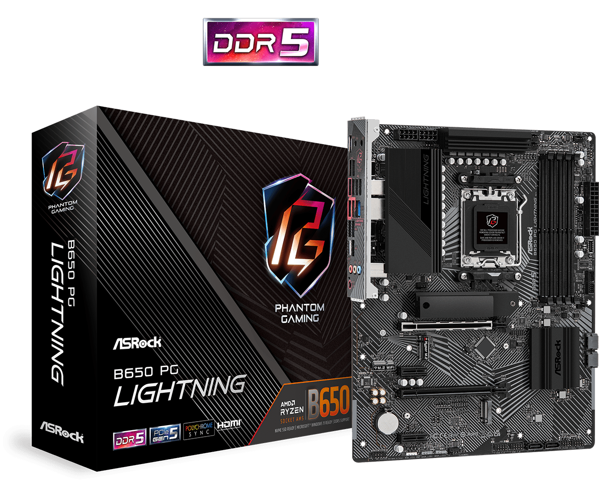 ASRock B650 PG Lightning AMD AM5 Socket Motherboard, ATX, 4x DDR5 Slots, 3x M.2 Sockets, Fitted I/O Shield, 2.5GbE LAN, 1x HDMI Port