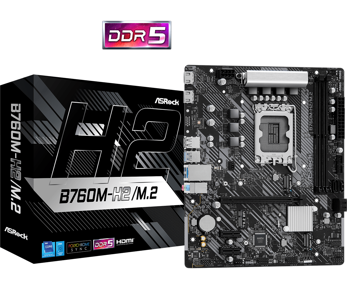 ASRock B760M-H2/M.2 Intel 1700 Socket Motherboard, Micro-ATX, 2x DDR5 Slots, 2x M.2 Socket, 2.5GbE LAN, 2x HDMI Port