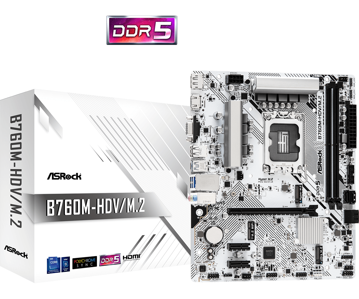 ASRock B760M-HDV/M.2 Intel 1700 Socket Motherboard, Micro-ATX, 2x DDR5 Slots, 2x M.2 Sockets, 2.5GbE LAN, 1x D-Sub / 1x DisplayPort / 1x HDMI Port