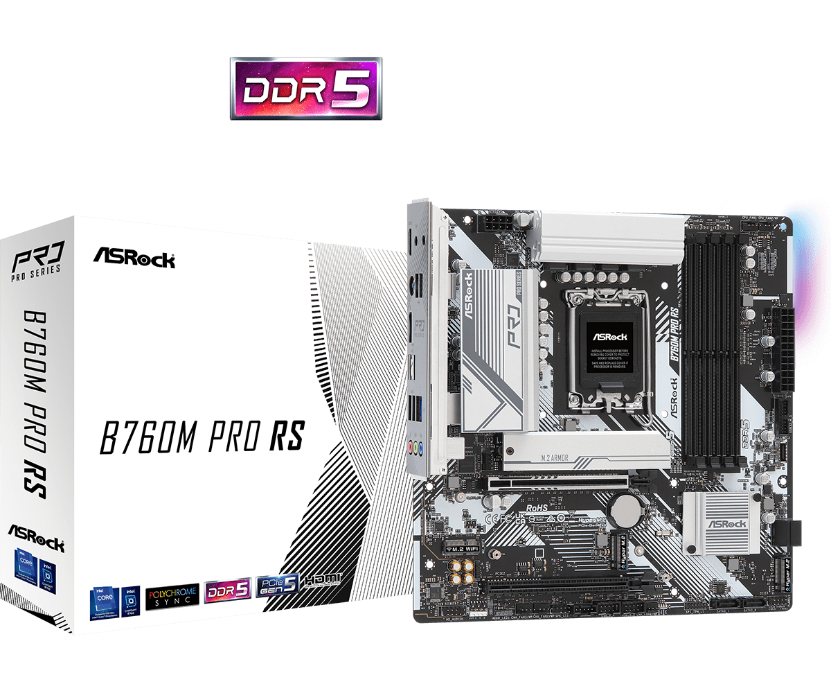 ASRock B760M PRO RS Intel 1700 Socket Motherboard, Micro-ATX, 4x DDR5 Slots, 3x M.2 Socket, Fitted I/O Shield, 2.5GbE LAN, 1x DisplayPort / 1x HDMI Port