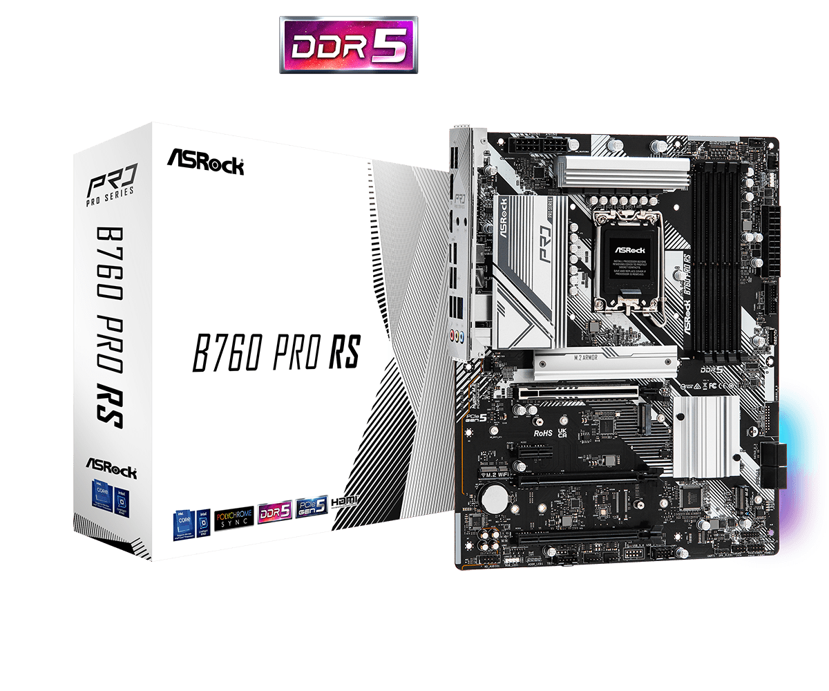 ASRock B760 PRO RS Intel 1700 Socket Motherboard, ATX, 4x DDR5 Slots, 3x M.2 Socket, Fitted I/O Shield, 2.5GbE LAN, 1x DisplayPort / 1x HDMI Port