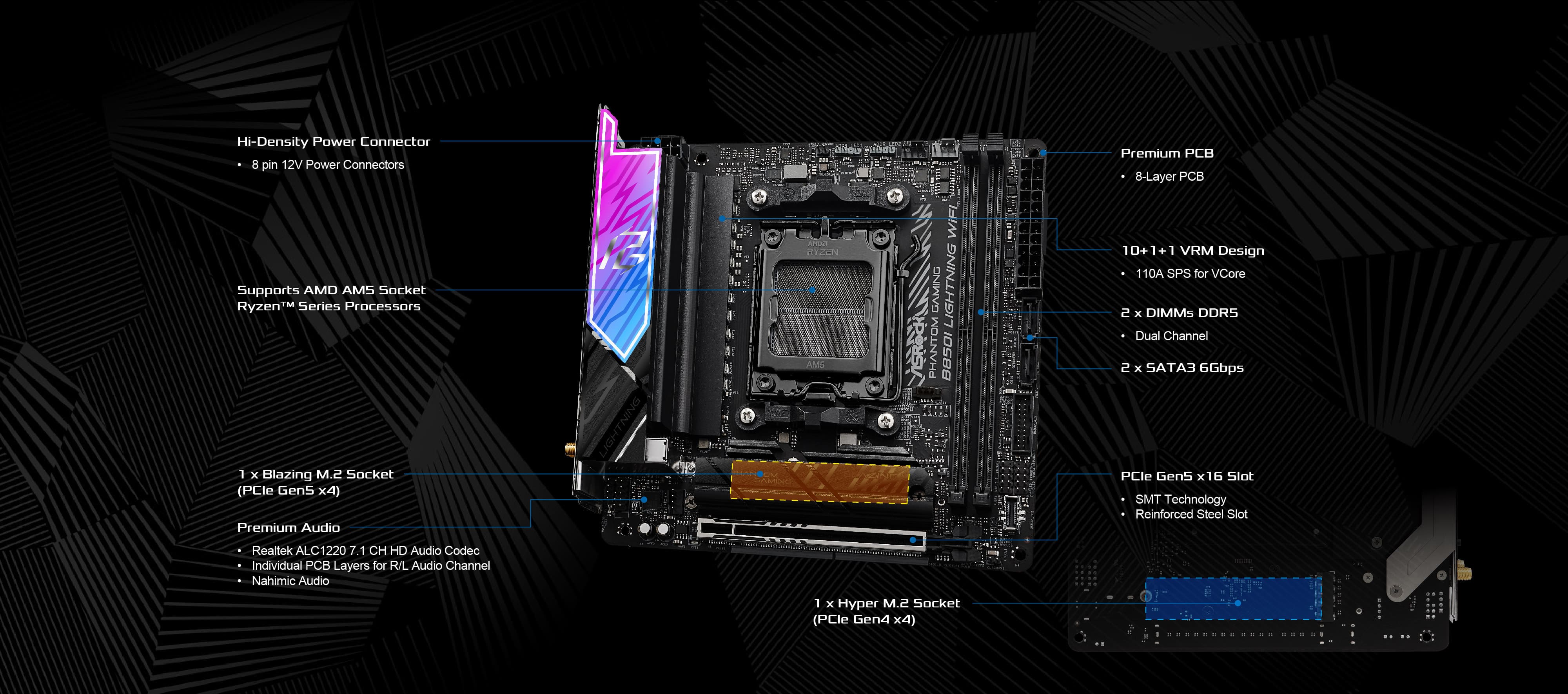 ASRock B850I Lightning WiFi PHANTOM GAMING AMD AM5 Socket Motherboard, Mini-ITX, 2x DDR5 Slots, 2x M.2 Sockets, Fitted I/O Shield, 2.5GbE LAN, Wi-Fi 6E, 1x HDMI Port / 1x USB-C