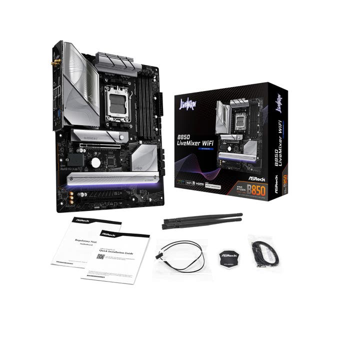 ASRock B850 LiveMixer WiFi AMD AM5 Socket Motherboard, ATX, 4x DDR5 Slots, 3x M.2 Sockets, Fitted I/O Shield, 2.5GbE LAN, Wi-Fi 7, 1x DisplayPort / 1x HDMI Port