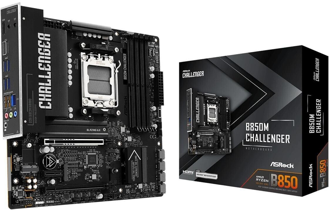 ASRock B850M Challenger AMD AM5 Socket Motherboard, Micro-ATX, 4x DDR5 Slots, 2x M.2 Socket, Fitted I/O Shield, 2.5GbE LAN, 1x HDMI Port