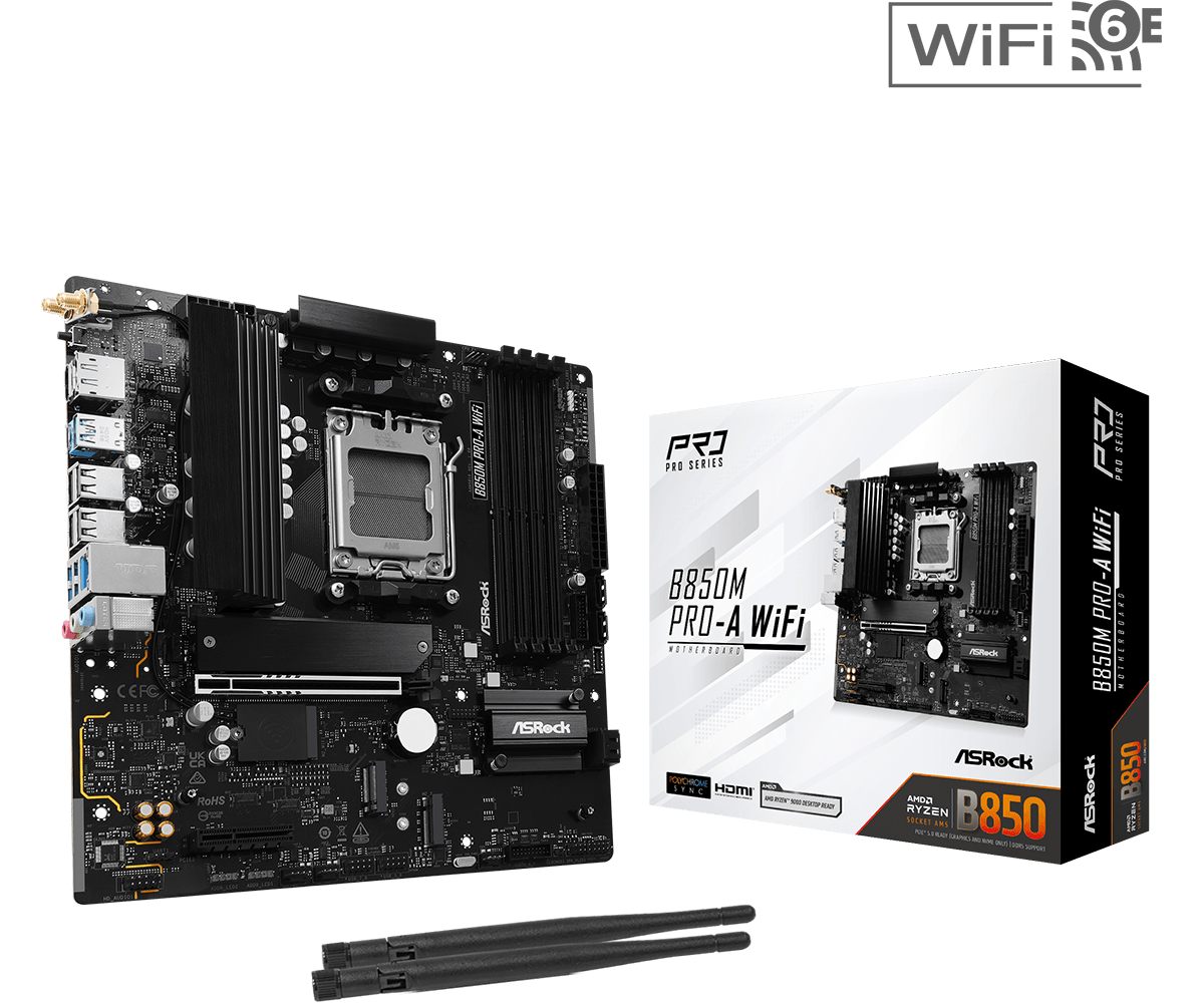 ASRock B850M Pro-A WiFi AMD AM5 Socket Motherboard, Micro-ATX, 4x DDR5 Slots, 3x M.2 Sockets, 2.5GbE LAN, Wi-Fi 6E, 1x DisplayPort / 1x HDMI Port
