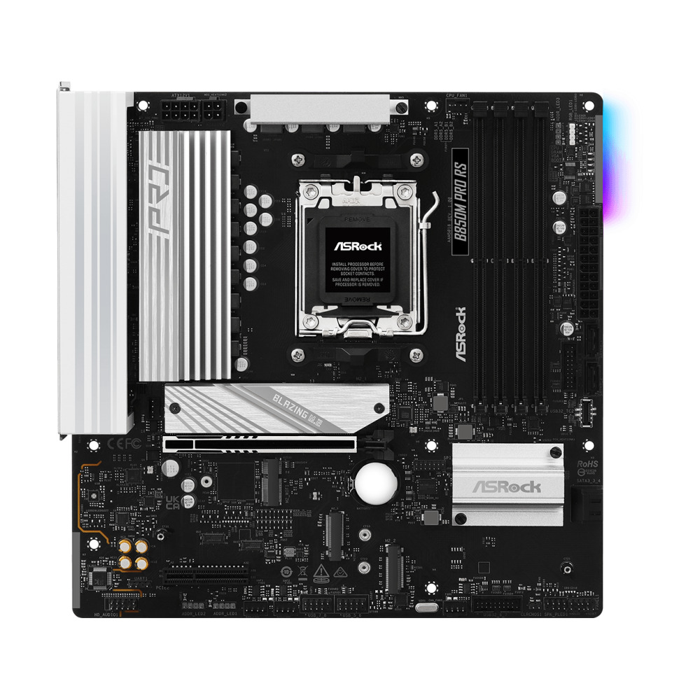 ASRock B850M Pro RS AMD AM5 Socket Motherboard, Micro-ATX, 4x DDR5 Slots, 3x M.2 Sockets, Fitted I/O Shield, 2.5GbE LAN, 1x DisplayPort / 1x HDMI Port