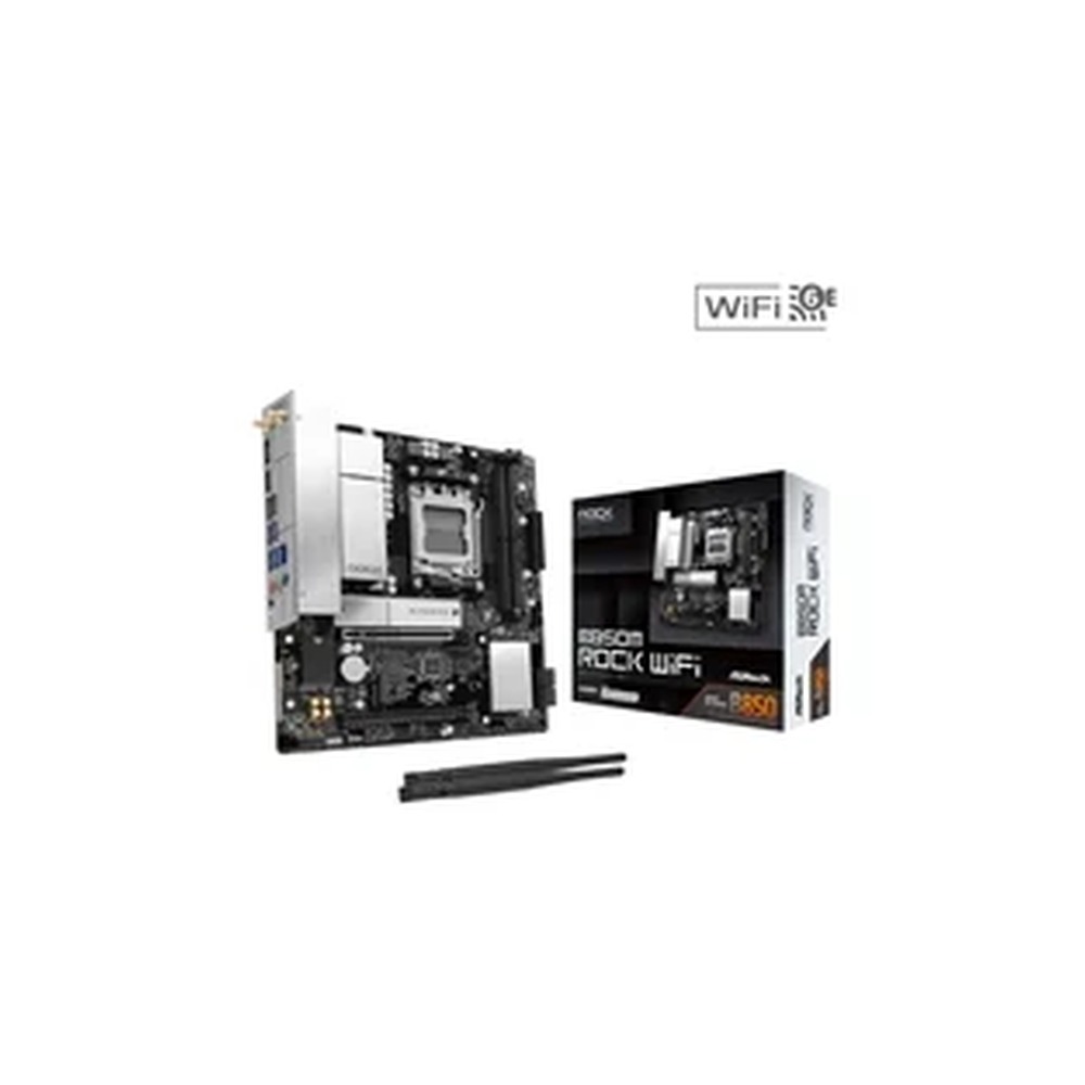 ASRock B850M Rock WiFi AMD AM5 Socket Motherboard, Micro-ATX, 2x DDR5 Slots, 2x M.2 Socket, Fitted I/O Shield, 2.5GbE LAN, Wi-Fi 6E, 1x DisplayPort / 1x HDMI Port