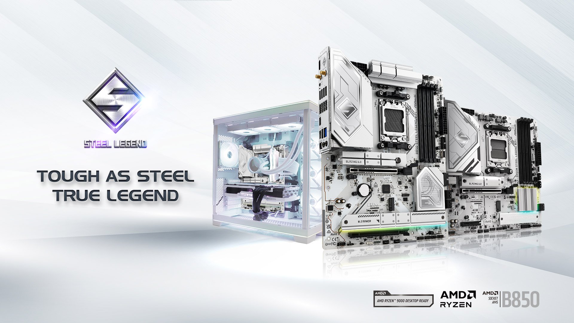 ASRock B850M Steel Legend WiFi AMD AM5 Socket Motherboard, Micro-ATX, 4x DDR5 Slots, 3x M.2 Sockets, Fitted I/O Shield, 2.5GbE LAN, Wi-Fi 7, 1x DisplayPort / 1x HDMI Port