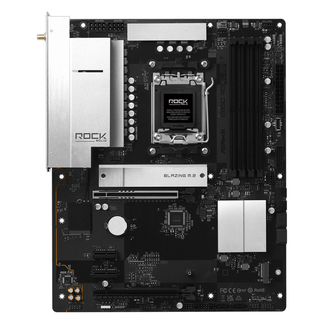 ASRock B850 Rock WiFi 7 AMD AM5 Socket Motherboard, ATX, 4x DDR5 Slots, 2x M.2 Socket, Fitted I/O Shield, 2.5GbE LAN, Wi-Fi 7, 1x HDMI Port