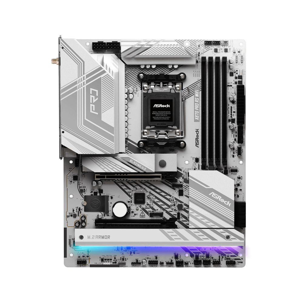 ASRock X870 PRO RS WIFI AMD AM5 Socket Motherboard, ATX, 4x DDR5 Slots, 3x M.2 Sockets, Fitted I/O Shield, 2.5GbE LAN, Wi-Fi 7, 1x HDMI Port / 2x USB-C (USB4)