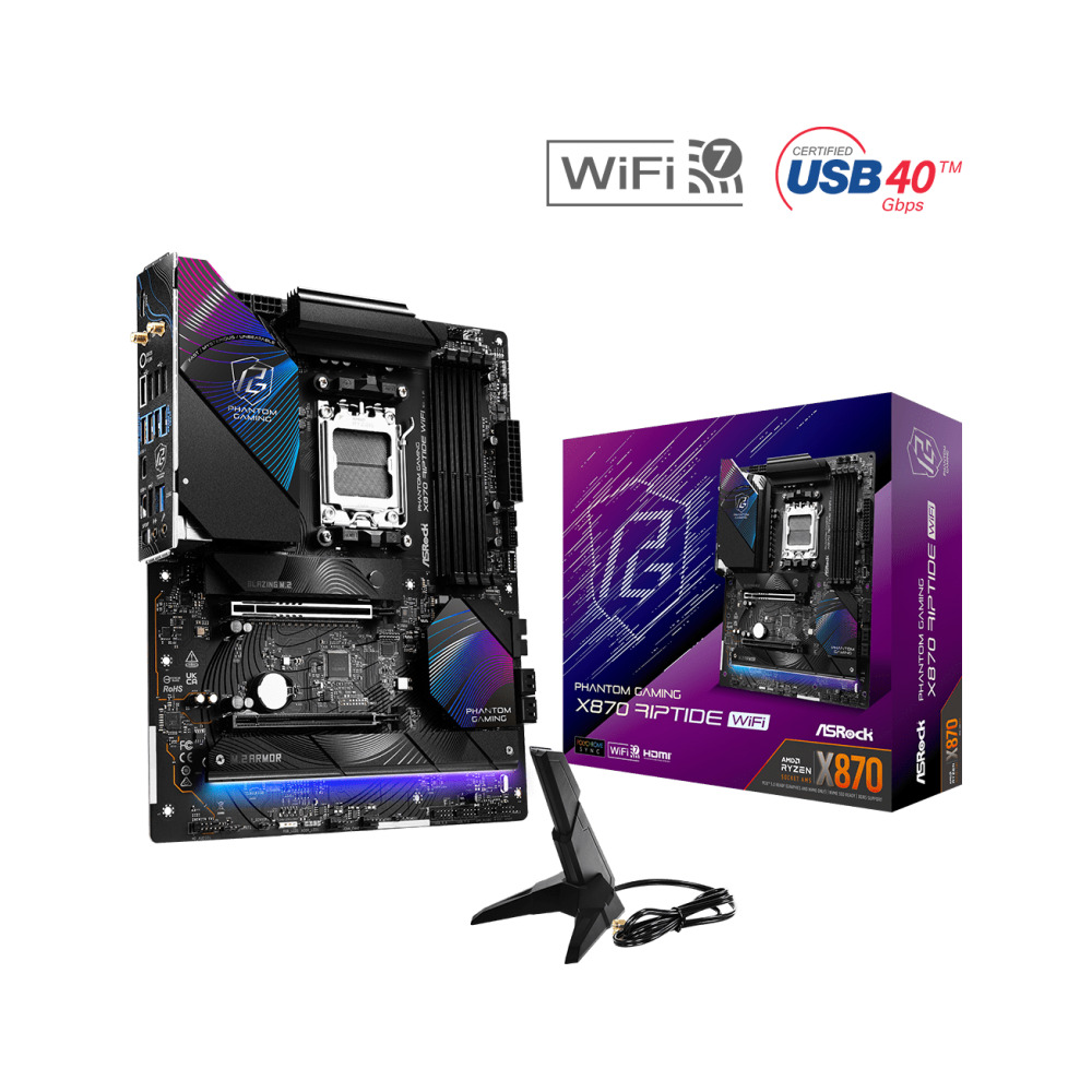 ASRock X870 RIPTIDE WIFI AMD AM5 Socket Motherboard, ATX, 4x DDR5 Slots, 3x M.2 Sockets, Fitted I/O Shield, 2.5GbE LAN, Wi-Fi 7, 1x HDMI Port / 2x USB-C (USB4)
