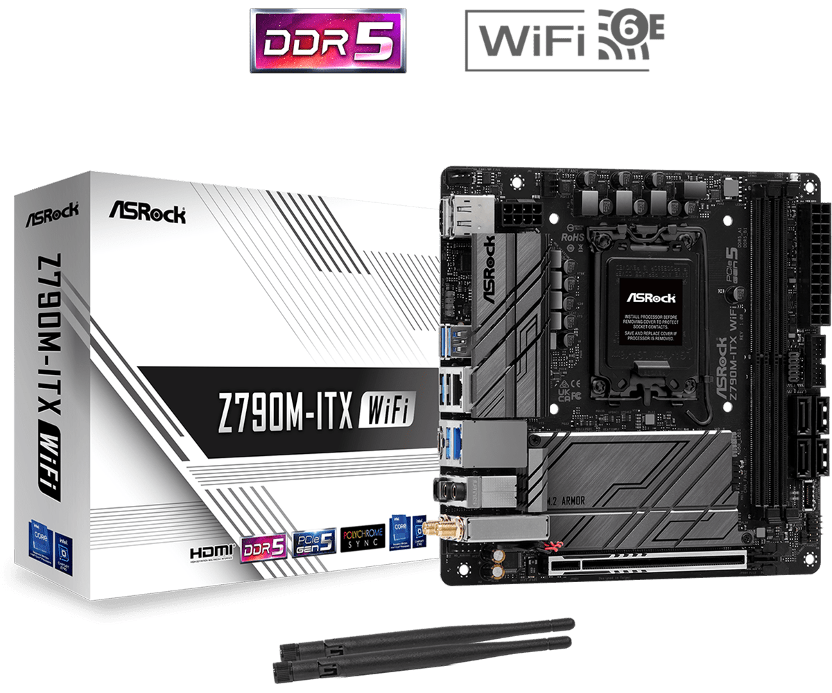 ASRock Z790M-ITX WiFi Intel 1700 Socket Motherboard, Mini-ITX, 2x DDR5 Slots, 2x M.2 Sockets, 2.5GbE + 1GbE LAN, Wi-Fi 6E, 1x DisplayPort / 1x HDMI Port