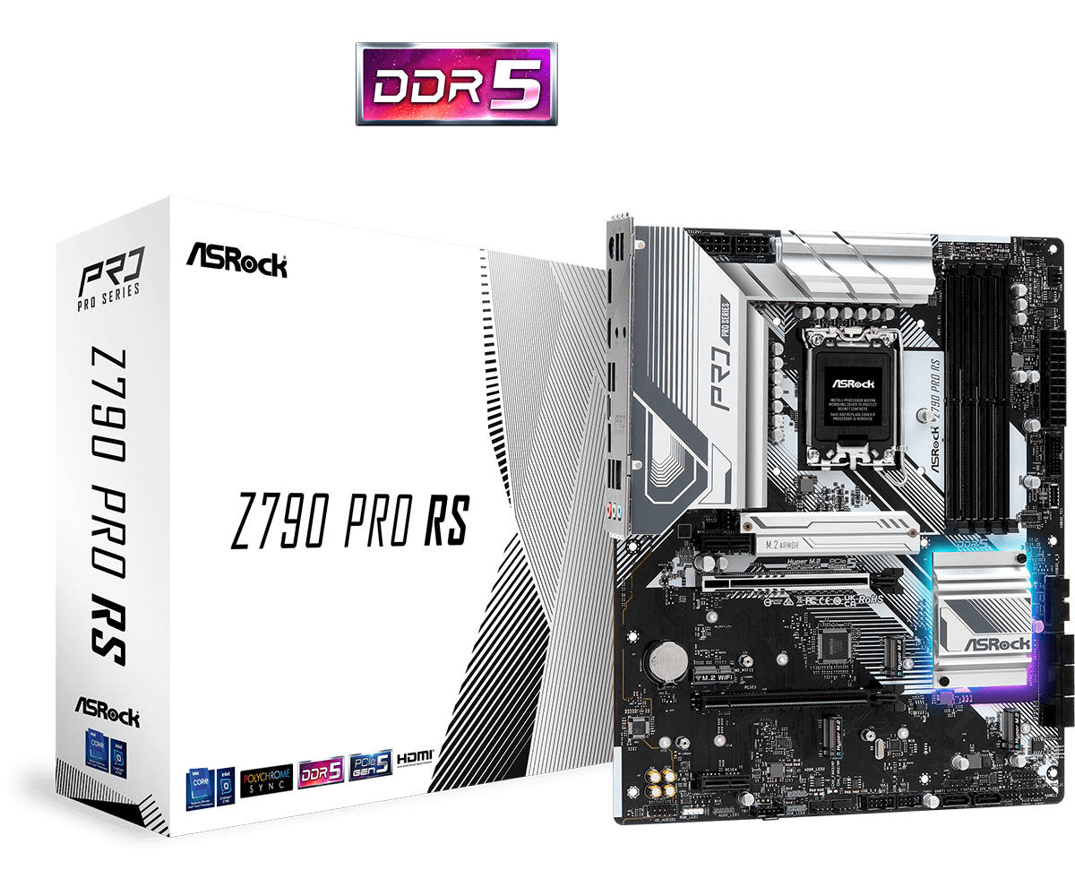 ASRock Z790 Pro RS Intel 1700 Socket Motherboard, ATX, 4x DDR5 Slots, 4x M.2 Sockets, Fitted I/O Shield, 2.5GbE LAN, 1x DisplayPort / 1x HDMI Port