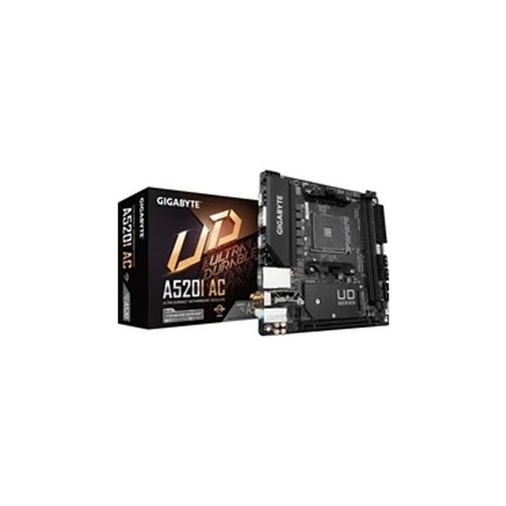 Gigabyte A520I AC Ultra Durable AMD AM4 Socket Motherboard, Mini-ITX, 2x DDR4 Slots, 1x M.2 Socket, GbE LAN, Wi-Fi 5, 1x Display Port 1.4 / 2x HDMI Ports