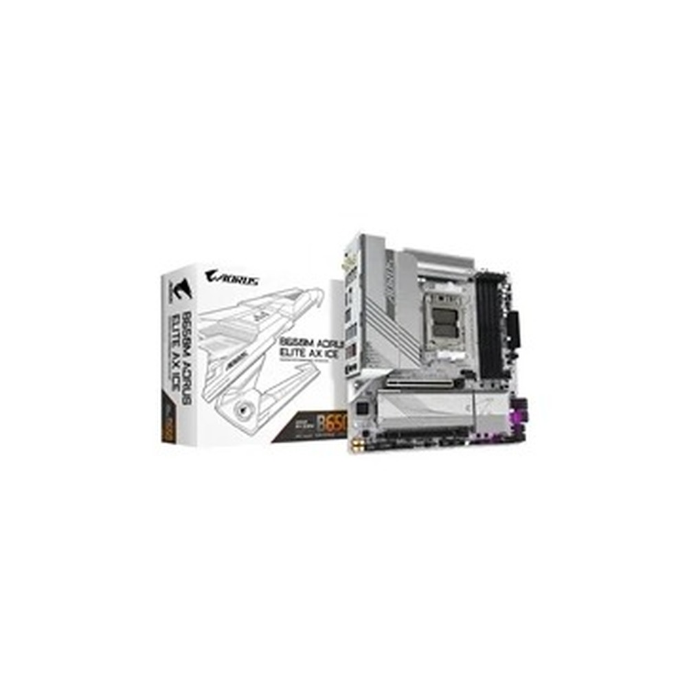 Gigabyte B650M AORUS ELITE AX ICE AMD AM5 Socket Motherboard, Micro-ATX, 4x DDR5 Slots, 2x M.2 Sockets, Fitted I/O Shield, 2.5GbE LAN, Wi-Fi 6E, 1x DisplayPort / 1x HDMI Port