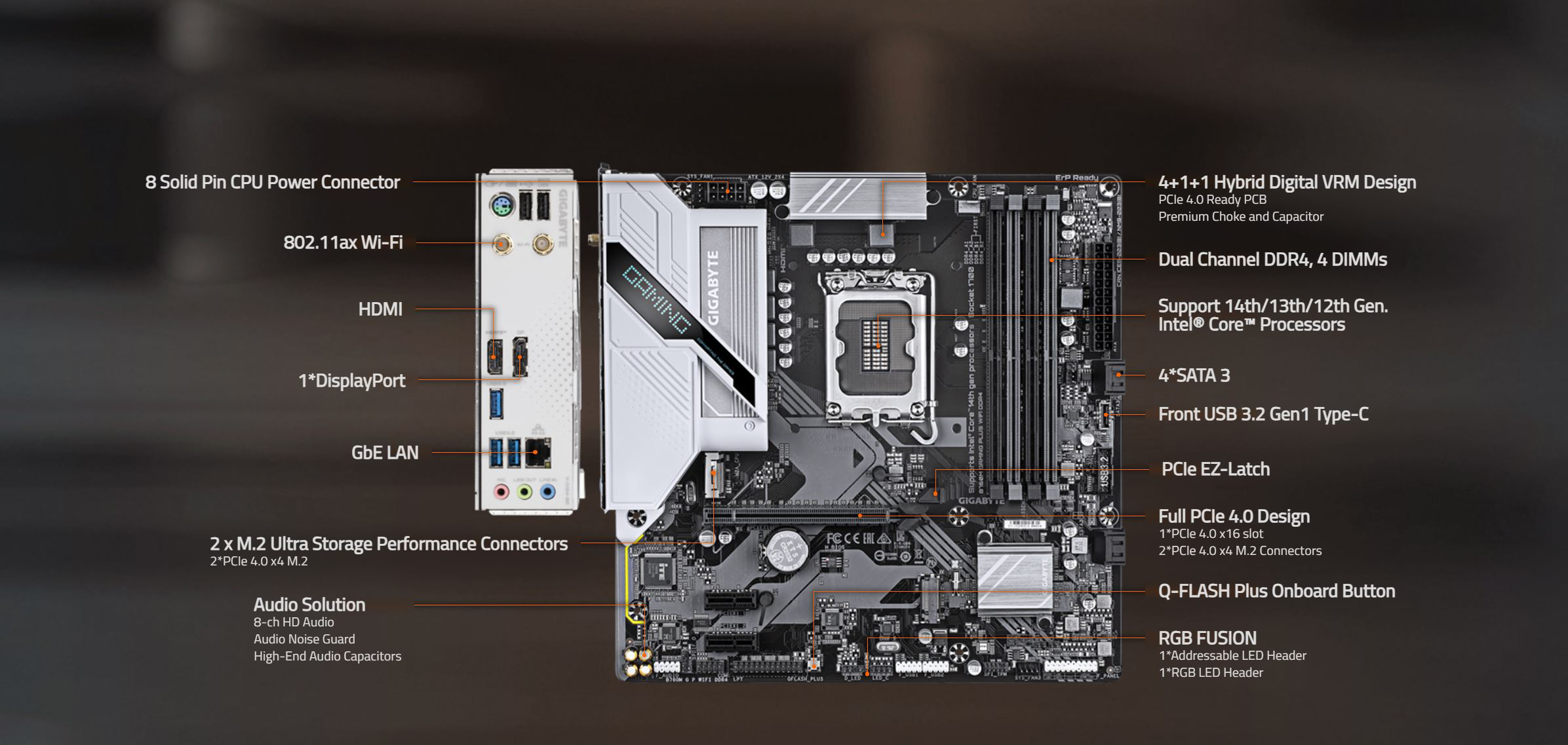 Gigabyte B760M GAMING PLUS WIFI DDR4 Intel 1700 Socket Motherboard, Micro-ATX, 4x DDR4 Slots, 2x M.2 Sockets, Fitted I/O Shield, GbE LAN, Wi-Fi 6, 1x DisplayPort / 1x HDMI Port