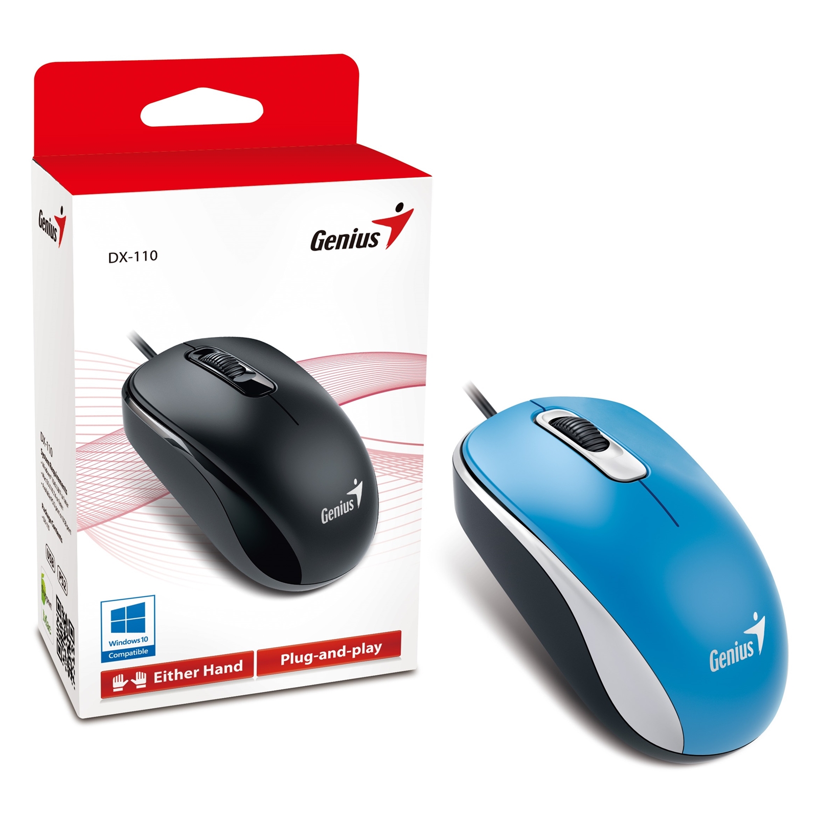 Genius DX-110 Wired USB Plug and Play Mouse, 1000 DPI Optical Tracking, 3 Button with Scroll Wheel, Ambidextrous Design with 1.5m Cable, Red