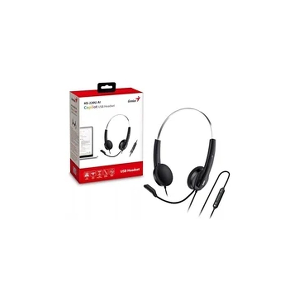 Genius HS-220U-C Copilot AI Ultra Lightweight Headset with Mic, USB-C Connection, Plug and Play, Adjustable Headband and microphone with In-line Volume Control, Black