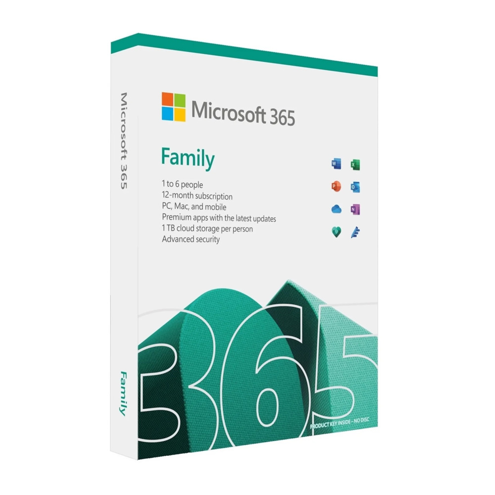 Microsoft 365 Family Medialess 1 Year Subscription 6 Users - Retail Boxed FY25H2