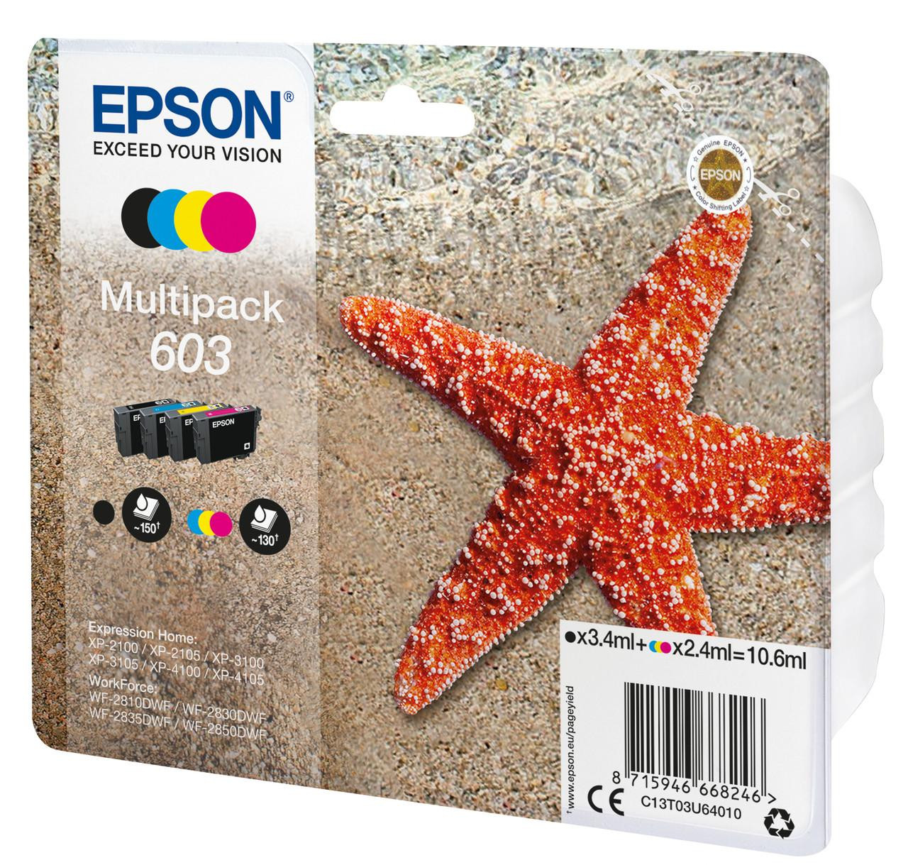 Epson Ink Cartridges, 603, Starfish, Multipack, 1 x 3.4 ml Black, 1 x 2.4 ml Cyan, 1 x 2.4 ml Magenta, 1 x 2.4 ml Yellow, Standard