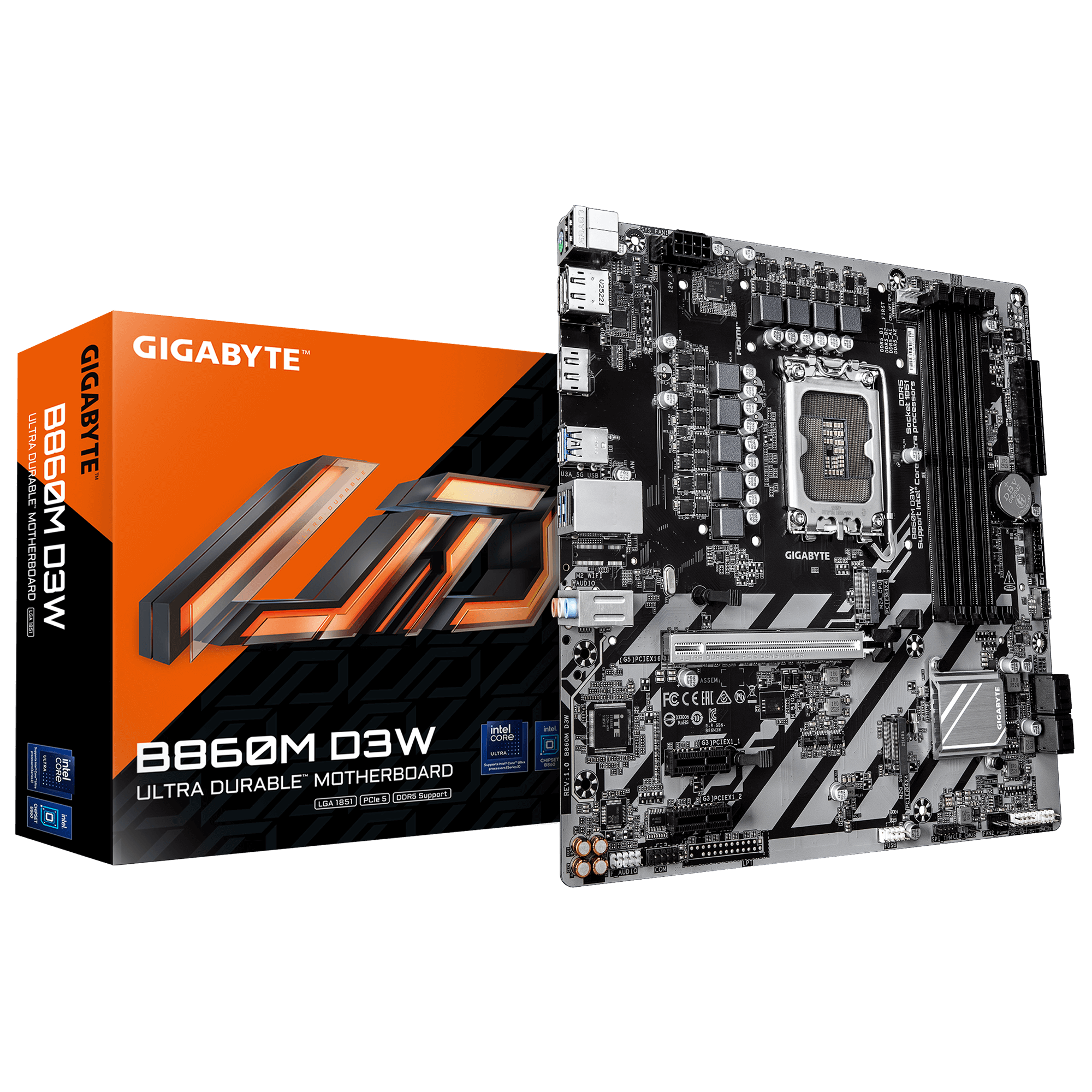 Gigabyte B860M D3W Intel 1851 Socket Motherboard, Micro-ATX, 4x DDR5 Slots, 2x M.2 Sockets, GbE LAN, 2x DisplayPorts / 1x HDMI Port