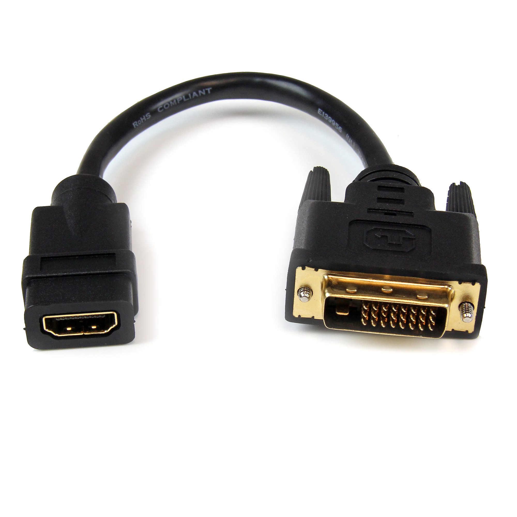 Startech 8in HDMI to DVI-D Video Cable Adapter - HDMI Female to DVI Male - HDMI to DVI Dongle Adapter Cable (HDDVIFM8IN) - Adapter - HDMI female to DVI-D male - 20.32 cm - shielded - black - for P/N: CDP2HDMM2MB, DP2HDMM2MB, HDDVIMM3, HDMM1MP, HDMM2MP, HD