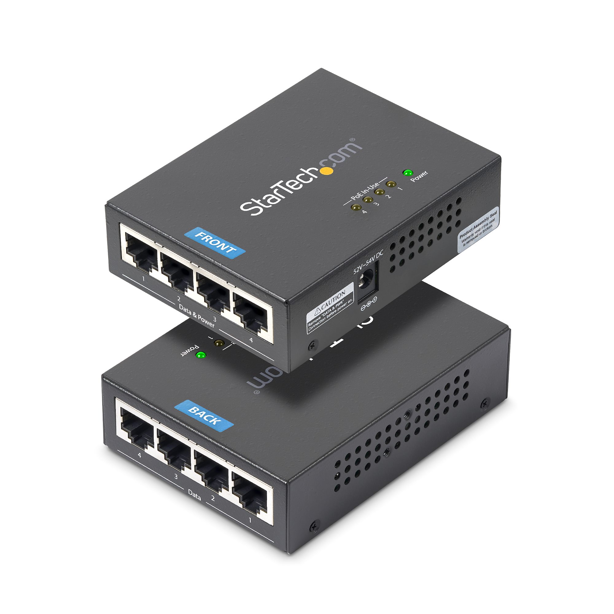 StarTech 4 Port Gigabit Midspan - PoE+ Injector - 802.3at and 802.3af - Wall-mountable Power over Ethernet Midspan (POEINJ4G) - PoE injector - AC 100-240 V - 120 Watt - output connectors: 4 - black - for P/N: POEEXT1GAT, POEEXT2GAT, ST12MHDLANU