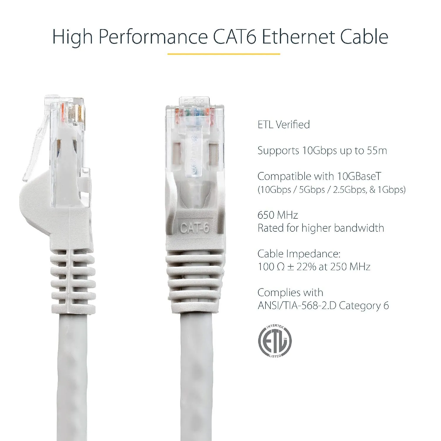 Startech 15m CAT6 Ethernet Cable, 10 Gigabit Snagless RJ45 650MHz 100W PoE Patch Cord, CAT 6 10GbE UTP Network Cable w/Strain Relief, Grey, Wiring is UL Certified/TIA - Category 6 - 24AWG (N6PATC15MGR) - Patch cable - RJ-45 (M) to RJ-45 (M) - 15 m - UTP -