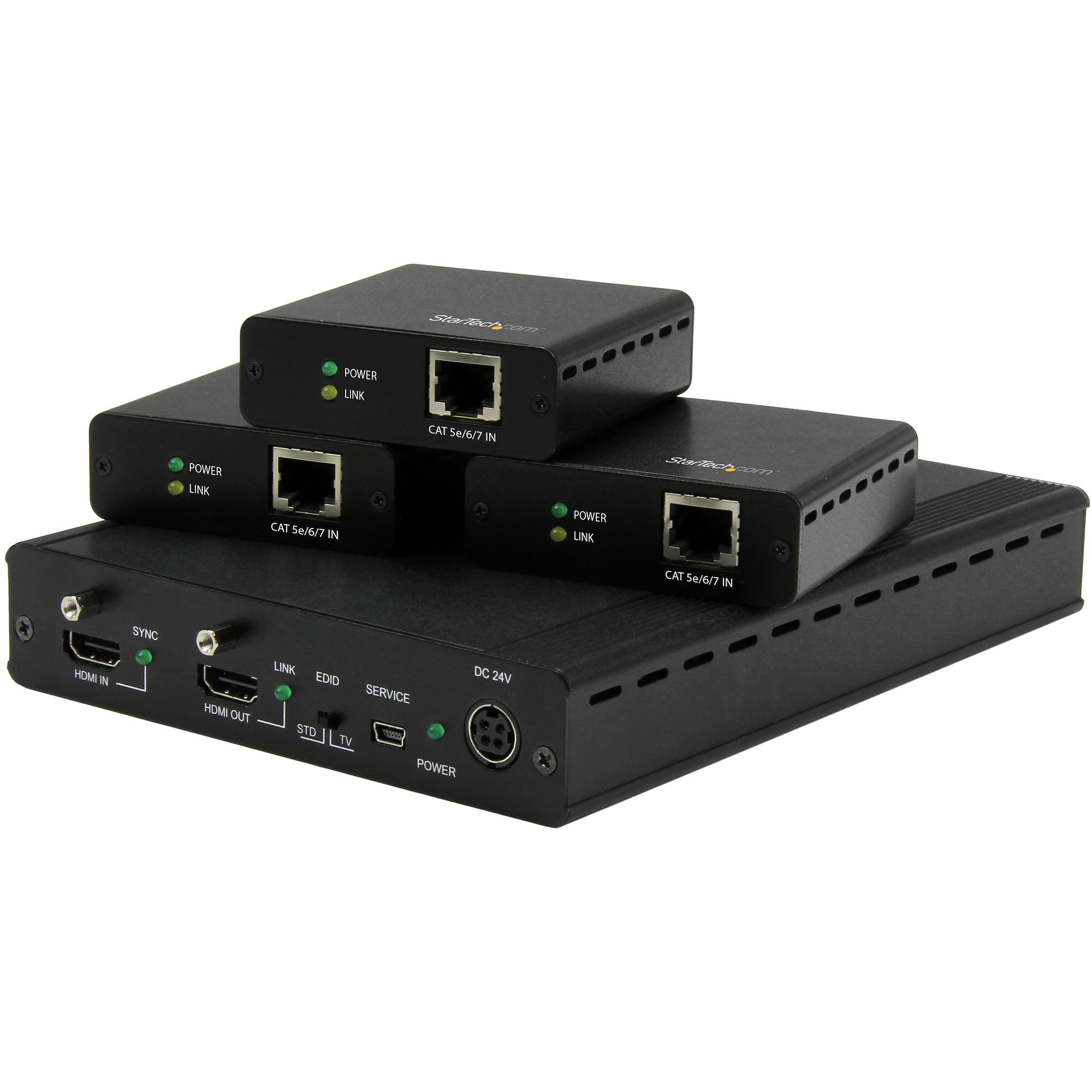 Startech 3 Way HDMI Splitter - HDBaseT Extender Kit w/ 3 Receivers - 1x3 HDMI over CAT5e / CAT6 Splitter - 3 Port HDBaseT HDMI Extender - Up to 4K (ST124HDBT) - Video/audio extender - up to 70 m