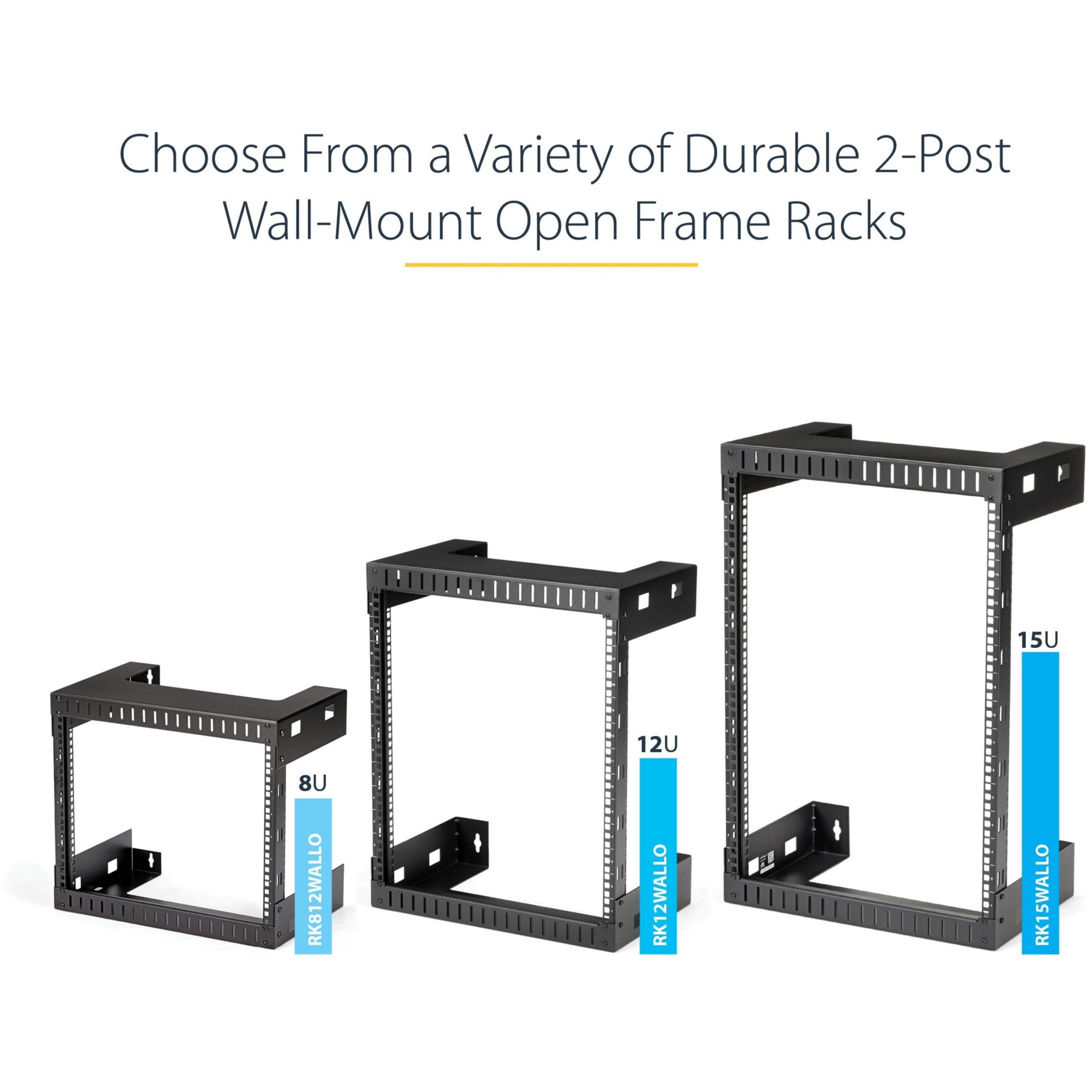 Startech 15U 19" Wall Mount Network Rack - 12" Deep 2 Post Open Frame Server Room Rack for Data/AV/IT/Computer Equipment/Patch Panel with Cage Nuts & Screws 200lb Capacity, Black (RK15WALLO) - Rack - wall mountable - black - 15U - 12